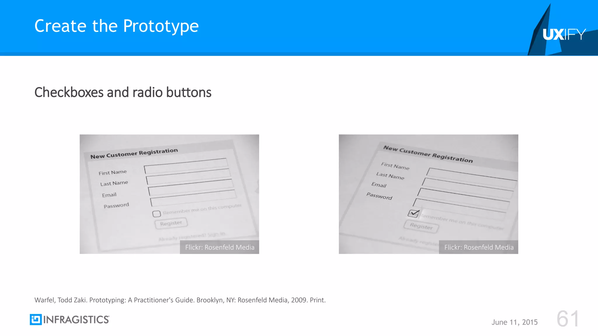 Checkboxes and radio buttons
Create the Prototype
June 11, 2015 61
Warfel, Todd Zaki. Prototyping: A Practitioner's Guide. Brooklyn, NY: Rosenfeld Media, 2009. Print.
Flickr: Rosenfeld Media Flickr: Rosenfeld Media
 