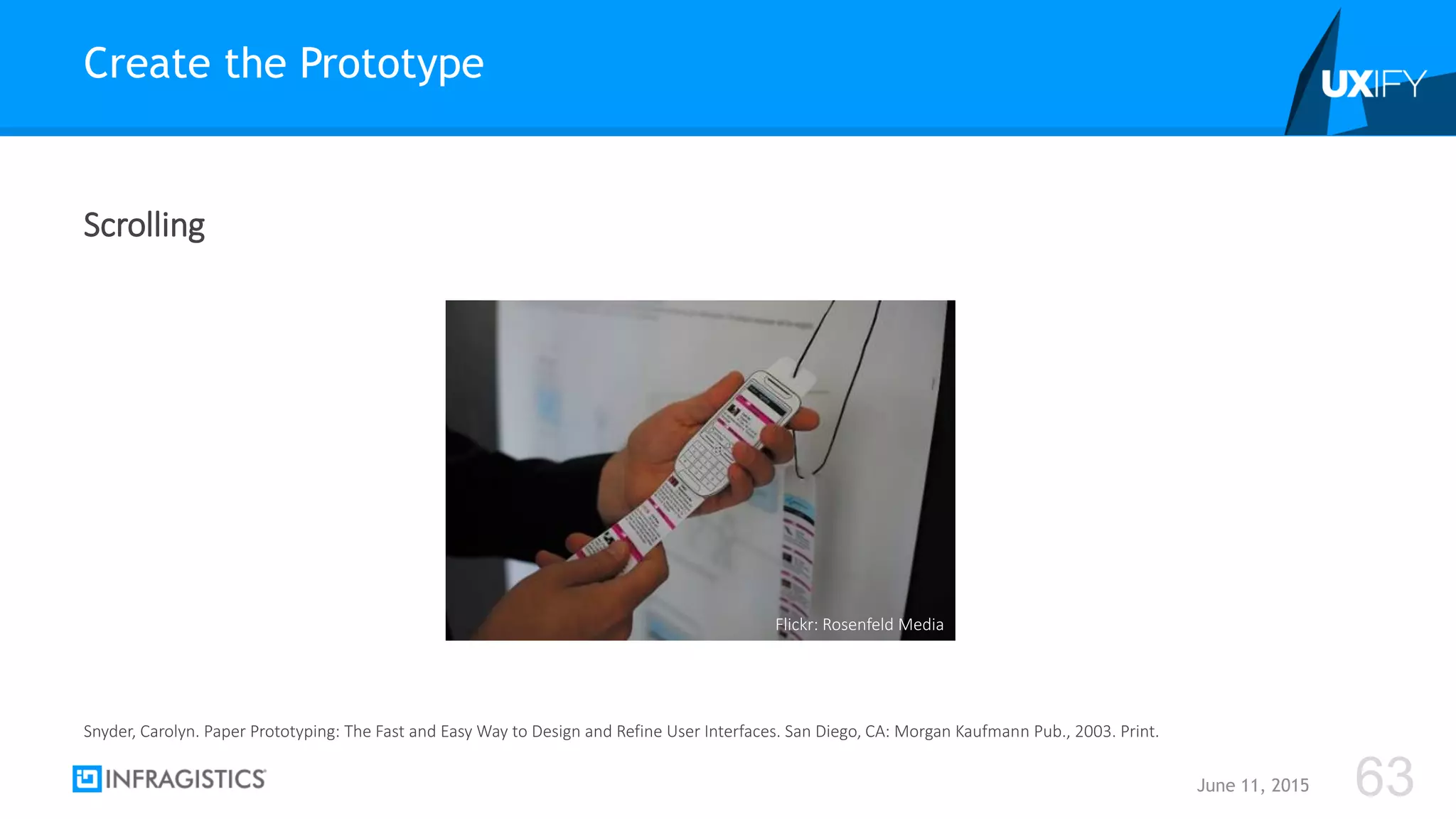 Scrolling
Create the Prototype
June 11, 2015 63
Snyder, Carolyn. Paper Prototyping: The Fast and Easy Way to Design and Refine User Interfaces. San Diego, CA: Morgan Kaufmann Pub., 2003. Print.
Flickr: Rosenfeld Media
 