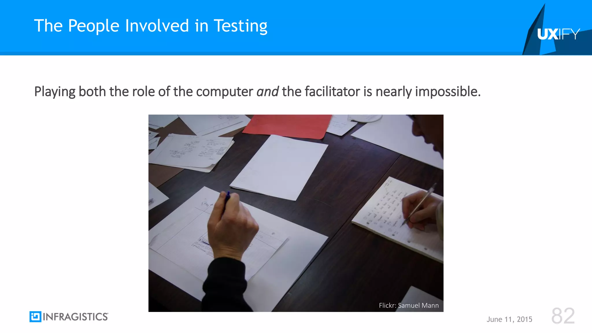 Playing both the role of the computer and the facilitator is nearly impossible.
The People Involved in Testing
June 11, 2015 82
Flickr: Samuel Mann
 