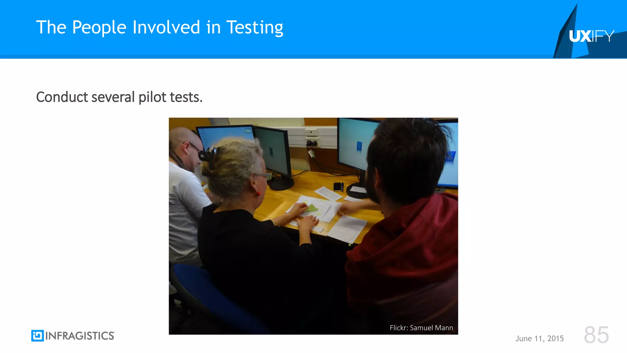 Conduct several pilot tests.
The People Involved in Testing
June 11, 2015 85Flickr: Samuel Mann
Flickr: Samuel Mann
 