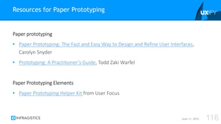 Paper prototyping
• Paper Prototyping: The Fast and Easy Way to Design and Refine User Interfaces,
Carolyn Snyder
• Prototyping: A Practitioner’s Guide, Todd Zaki Warfel
Paper Prototyping Elements
• Paper Prototyping Helper Kit from User Focus
Resources for Paper Prototyping
June 11, 2015 116
 
