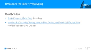 Usability Testing
• Rocket Surgery Made Easy: Steve Krug
• Handbook of Usability Testing: How to Plan, Design, and Conduct Effective Tests:
Jeffrey Rubin and Data Chisnell
Resources for Paper Prototyping
June 11, 2015 117
 
