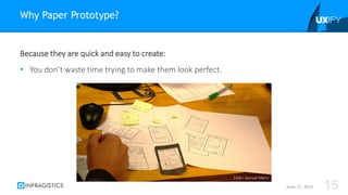 Because they are quick and easy to create:
• You don’t waste time trying to make them look perfect.
Why Paper Prototype?
June 11, 2015 15
Flickr: Samuel Mann
 