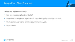 Things you might want to test:
• Can people accomplish their tasks?
• Findability – navigation, organization, and labeling of content or functions
• Understanding of icons, terminology, instructions, etc.
• Expectations
Design First, Then Prototype
June 11, 2015 28
 