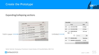 Expanding/collapsing sections
Create the Prototype
June 11, 2015 55
Warfel, Todd Zaki. Prototyping: A Practitioner's Guide. Brooklyn, NY: Rosenfeld Media, 2009. Print.
Flickr: Rosenfeld Media
Flickr: Rosenfeld Media
Fold in paper Unfolded
 