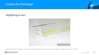 Highlighting an item
Create the Prototype
June 11, 2015 56
Snyder, Carolyn. Paper Prototyping: The Fast and Easy Way to Design and Refine User Interfaces. San Diego, CA: Morgan Kaufmann Pub., 2003. Print.
Flickr: Rosenfeld Media
 