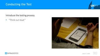 Introduce the testing process.
• “Think out loud.”
Conducting the Test
June 11, 2015 90
Flickr: Samuel Mann
 