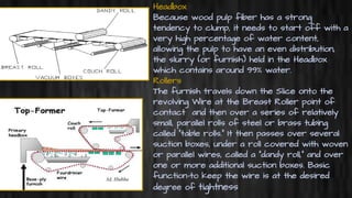 Headbox
Because wood pulp fiber has a strong
tendency to clump, it needs to start off with a
very high percentage of water content,
allowing the pulp to have an even distribution,
the slurry (or furnish) held in the Headbox
which contains around 99% water.
Rollers
The furnish travels down the Slice onto the
revolving Wire at the Breast Roller point of
contact and then over a series of relatively
small, parallel rolls of steel or brass tubing
called "table rolls." It then passes over several
suction boxes, under a roll covered with woven
or parallel wires, called a "dandy roll," and over
one or more additional suction boxes. Basic
function-to keep the wire is at the desired
degree of tightness
 