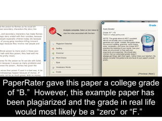 PaperRater gave this paper a college grade of “B.”  However, this example paper has been plagiarized and the grade in real life would most likely be a “zero” or “F.”  