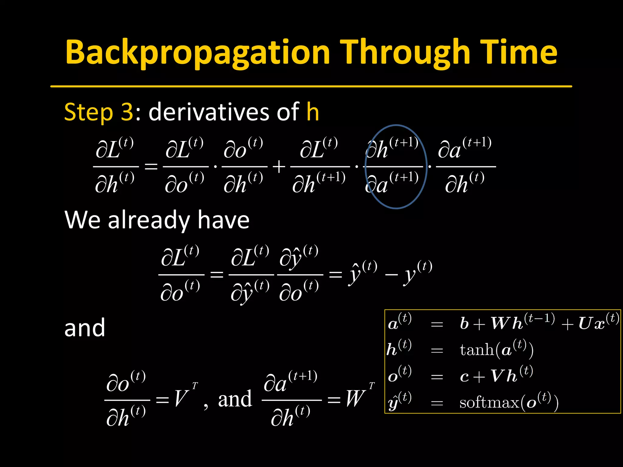 Backpropagation Through Time
 Step 3: derivatives of h
 We already have
 and
( ) ( ) ( ) ( ) ( 1) ( 1)
( ) ( ) ( ) ( 1) ( 1) ( )
t t t t t t
t t t t t t
L L o L h a
h o h h a h
+ +
+ +
∂ ∂ ∂ ∂ ∂ ∂
= ⋅ + ⋅ ⋅
∂ ∂ ∂ ∂ ∂ ∂
( ) ( ) ( )
( ) ( )
( ) ( ) ( )
ˆ
ˆ
ˆ
t t t
t t
t t t
L L y
y y
o y o
∂ ∂ ∂
= = −
∂ ∂ ∂
( ) ( 1)
( ) ( )
, and
T T
t t
t t
o a
V W
h h
+
∂ ∂
= =
∂ ∂
 