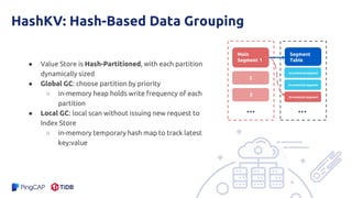 HashKV: Hash-Based Data Grouping
● Value Store is Hash-Partitioned, with each partition
dynamically sized
● Global GC: choose partition by priority
○ in-memory heap holds write frequency of each
partition
● Local GC: local scan without issuing new request to
Index Store
○ in-memory temporary hash map to track latest
key:value
Main
Segment 1
2
3
...
Segment
Table
incremental segment
incremental segment
incremental segment
...
 