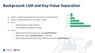 Background: LSM and Key-Value Seperation
● LSM is a radical compromise in pursuit for online latency
● Cache + Log architecture, not Index + Data
● Pros:
○ Append-Only is SSD-Friendly
○ Immutablity is Parallel-Friendly
● Cons:
○ Need Traversal to Query Log, read amplification
○ Stale Data, space amplification (1 / fanout)
○ Data Purging needs Rewriting Cold Record, write amplification
 