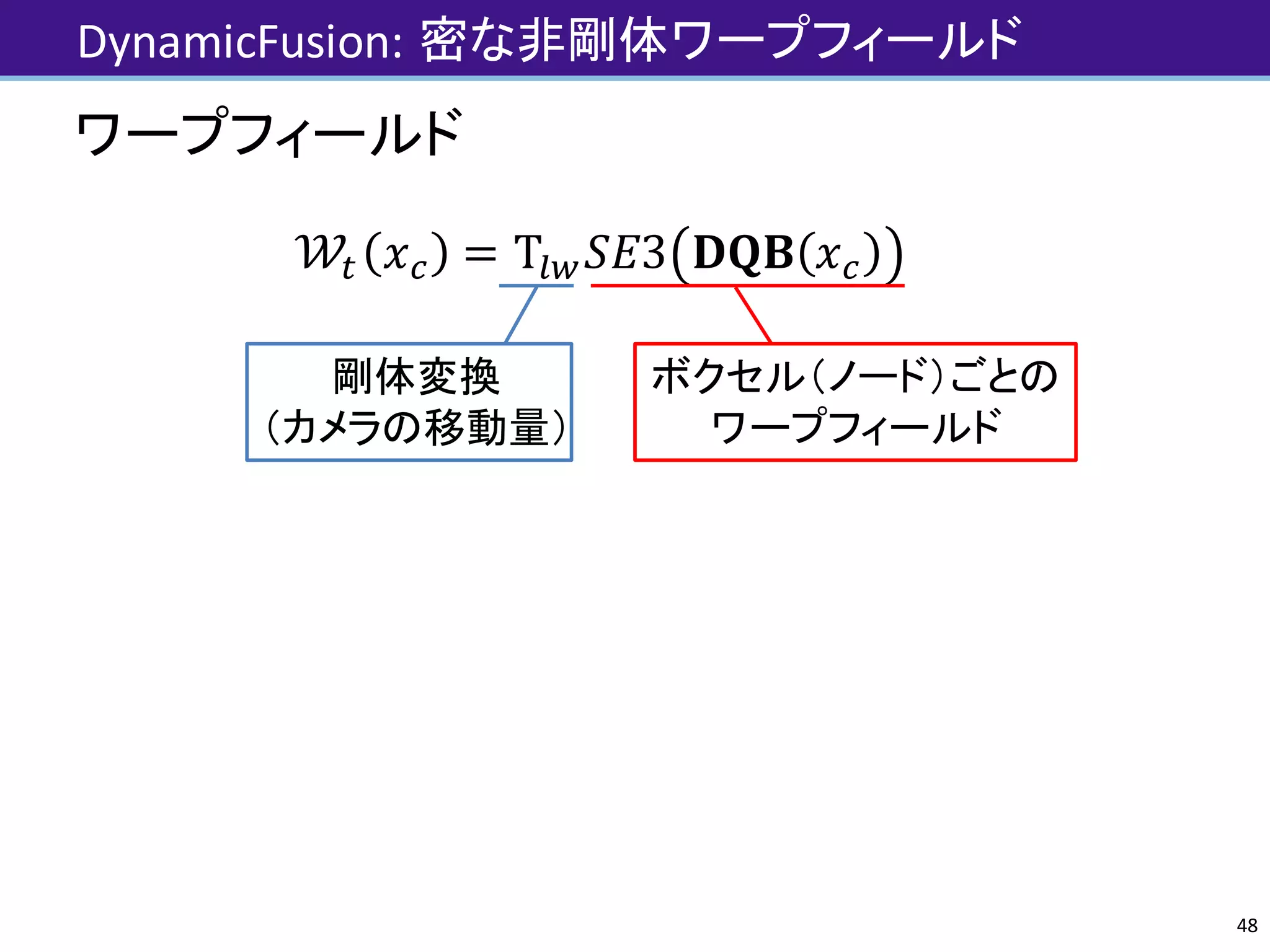 ワープフィールド
𝒲J 𝑥] = T–‹ 𝑆𝐸3 𝐃𝐐𝐁 𝑥]
DynamicFusion:	密な非剛体ワープフィールド
48
剛体変換
（カメラの移動量）
ボクセル（ノード）ごとの
ワープフィールド
 