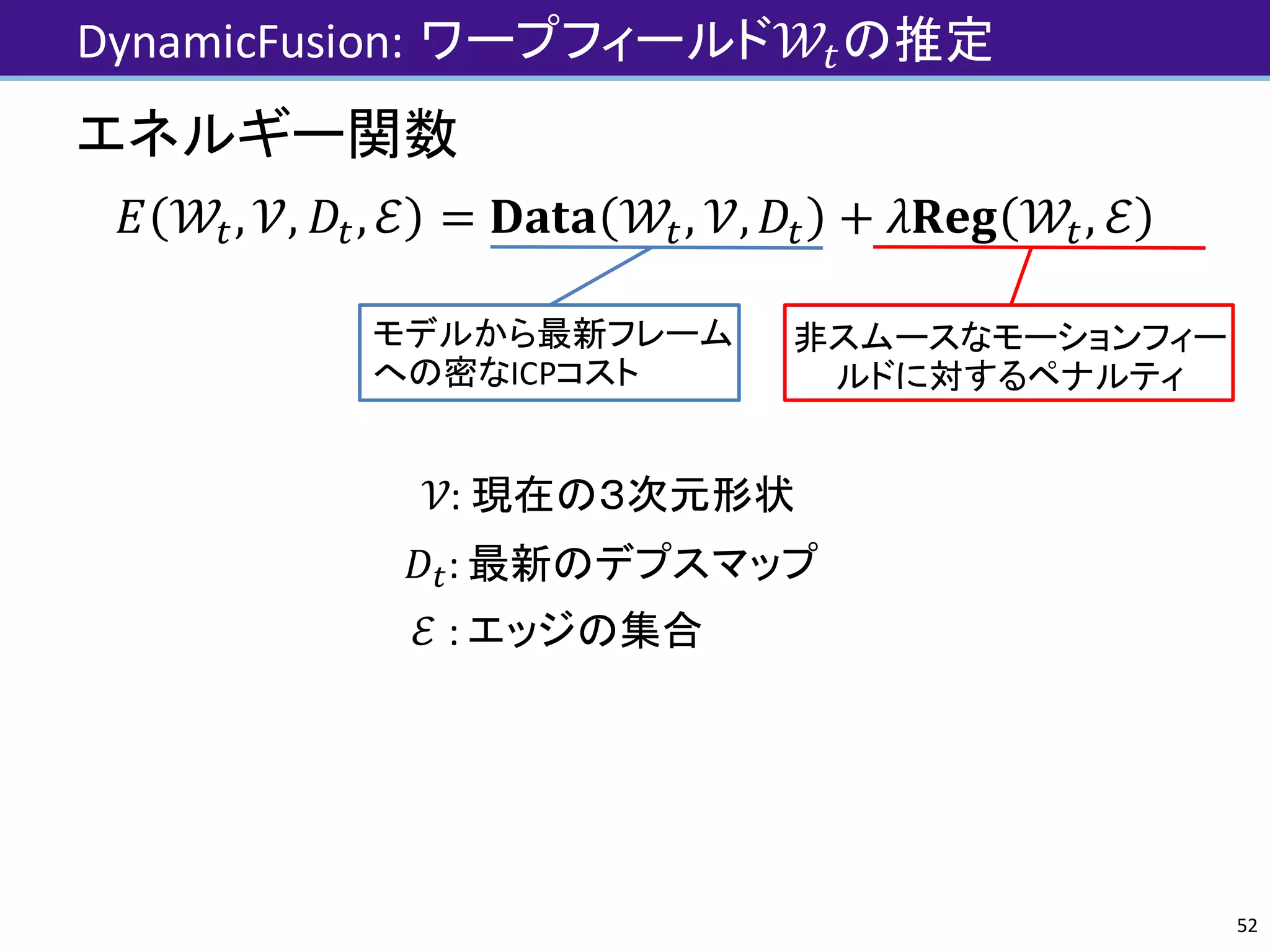 DynamicFusion:	ワープフィールド𝒲Jの推定
エネルギー関数
𝐸 𝒲J, 𝒱, 𝐷J, ℰ = 𝐃𝐚𝐭𝐚 𝒲J, 𝒱, 𝐷J + 𝜆𝐑𝐞𝐠 𝒲J, ℰ
52
モデルから最新フレーム
への密なICPコスト
非スムースなモーションフィー
ルドに対するペナルティ
𝒱: 現在の３次元形状
𝐷J:	最新のデプスマップ
ℰ :	エッジの集合
 