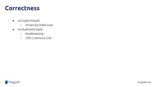 PingCAP.com
Correctness
● no tuple missed
○ driven by index scan
● no duplicate tuple
○ bookkeeping
○ CPU / memory cost
 