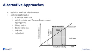 PingCAP.com
Alternative Approaches
● optimizer level: not robust enough
● runtime reoptimization
○ start from index scan
○ switch to table scan if scanned rows exceeds
tipping point
○ binary switch
○ bound worst case
○ risk area
○ not robust
Transaction
 