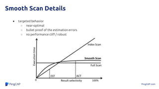 PingCAP.com
Smooth Scan Details
● targeted behavior
○ near-optimal
○ bullet proof of the estimation errors
○ no performance cliff / robust
Transaction
 