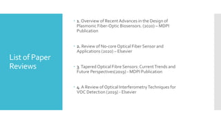 List of Paper
Reviews
 1. Overview of Recent Advances in the Design of
Plasmonic Fiber-Optic Biosensors. (2020) – MDPI
Publication
 2. Review of No-coreOptical Fiber Sensor and
Applications (2020) – Elsevier
 3.Tapered Optical Fibre Sensors: CurrentTrends and
Future Perspectives(2019) - MDPI Publication
 4.A Review of Optical InterferometryTechniques for
VOC Detection (2019) - Elsevier
 