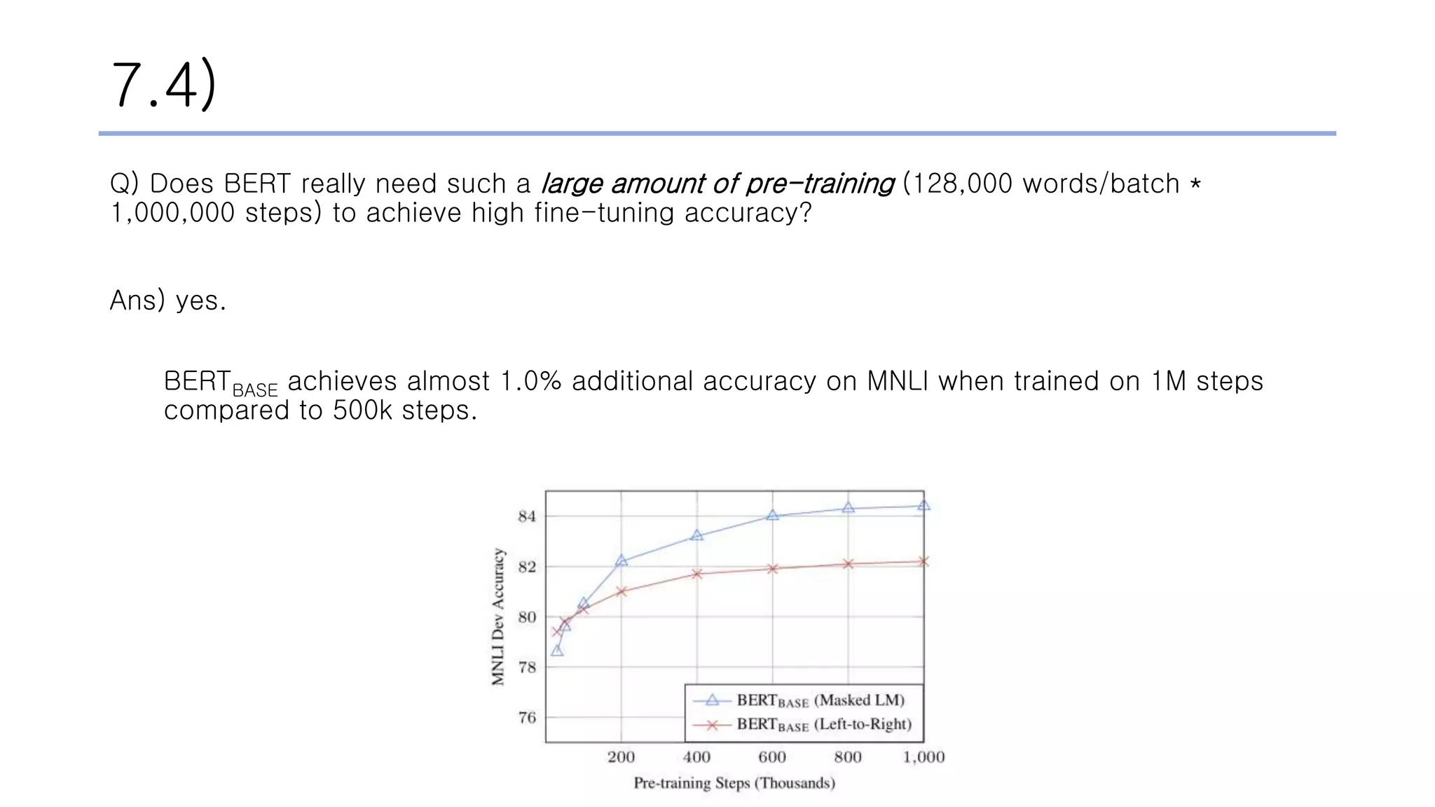 7.4)
Q) Does BERT really need such a large amount of pre-training (128,000 words/batch *
1,000,000 steps) to achieve high fine-tuning accuracy?
Ans) yes.
BERTBASE achieves almost 1.0% additional accuracy on MNLI when trained on 1M steps
compared to 500k steps.
 