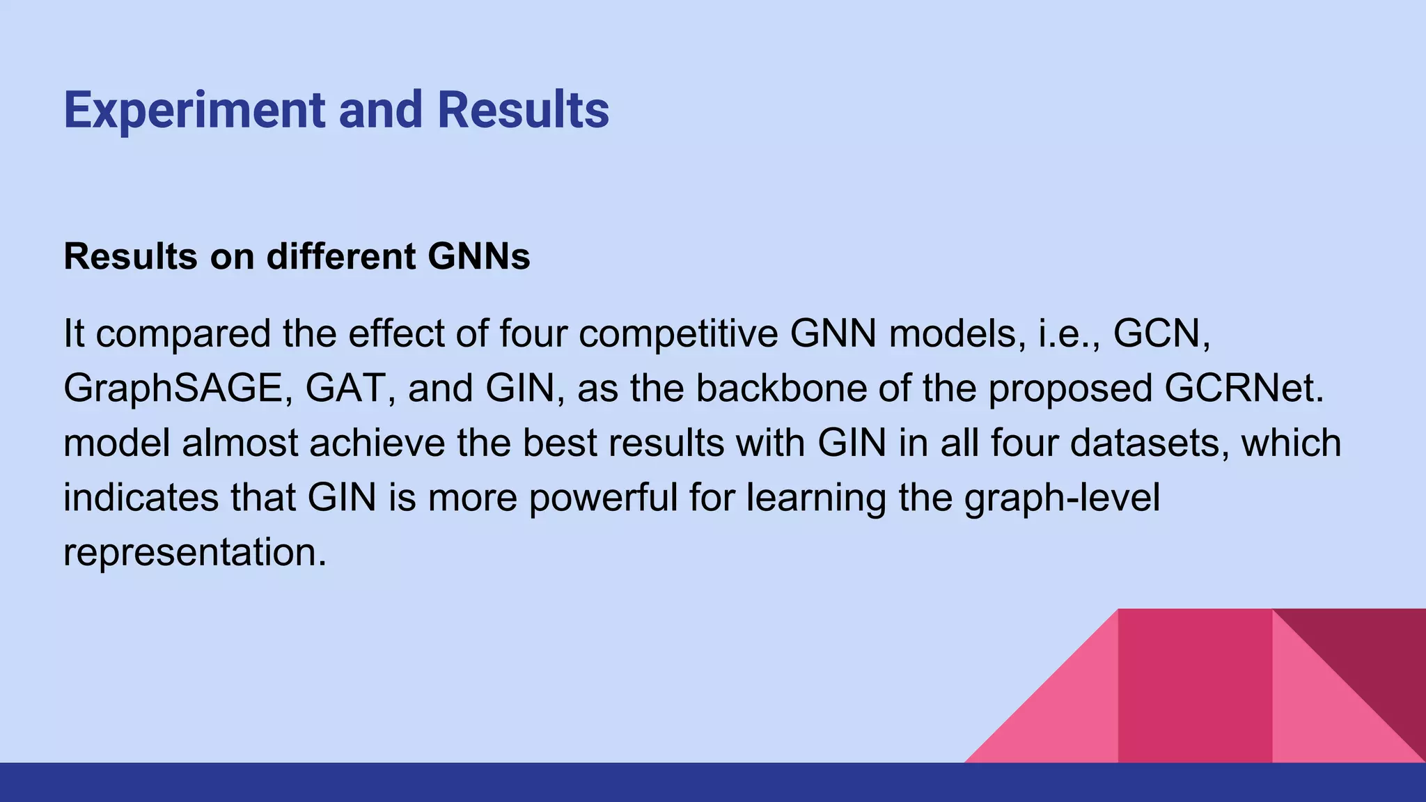 Experiment and Results
Results on different GNNs
It compared the effect of four competitive GNN models, i.e., GCN,
GraphSAGE, GAT, and GIN, as the backbone of the proposed GCRNet.
model almost achieve the best results with GIN in all four datasets, which
indicates that GIN is more powerful for learning the graph-level
representation.
 