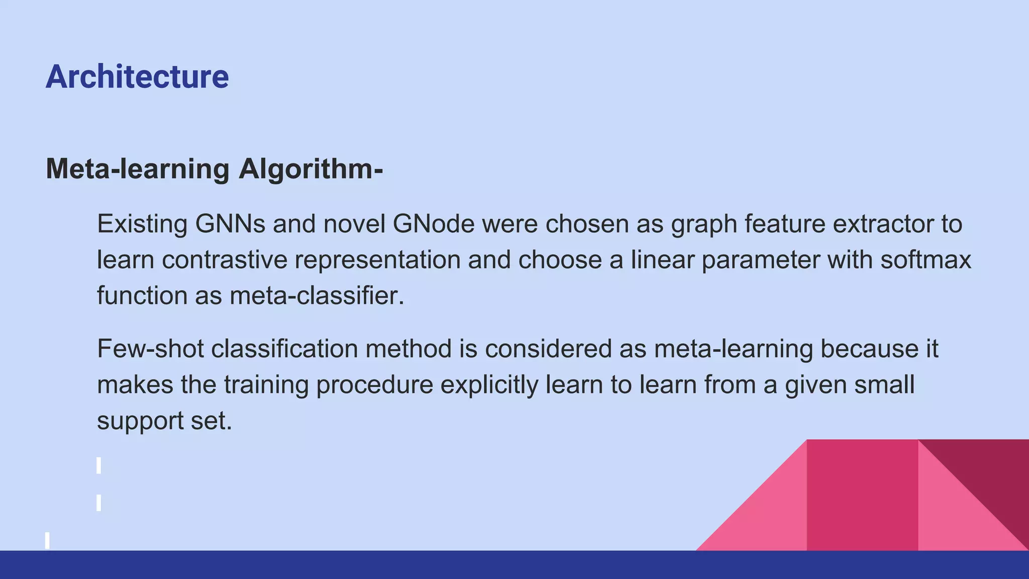 Architecture
Meta-learning Algorithm-
Existing GNNs and novel GNode were chosen as graph feature extractor to
learn contrastive representation and choose a linear parameter with softmax
function as meta-classifier.
Few-shot classification method is considered as meta-learning because it
makes the training procedure explicitly learn to learn from a given small
support set.
 