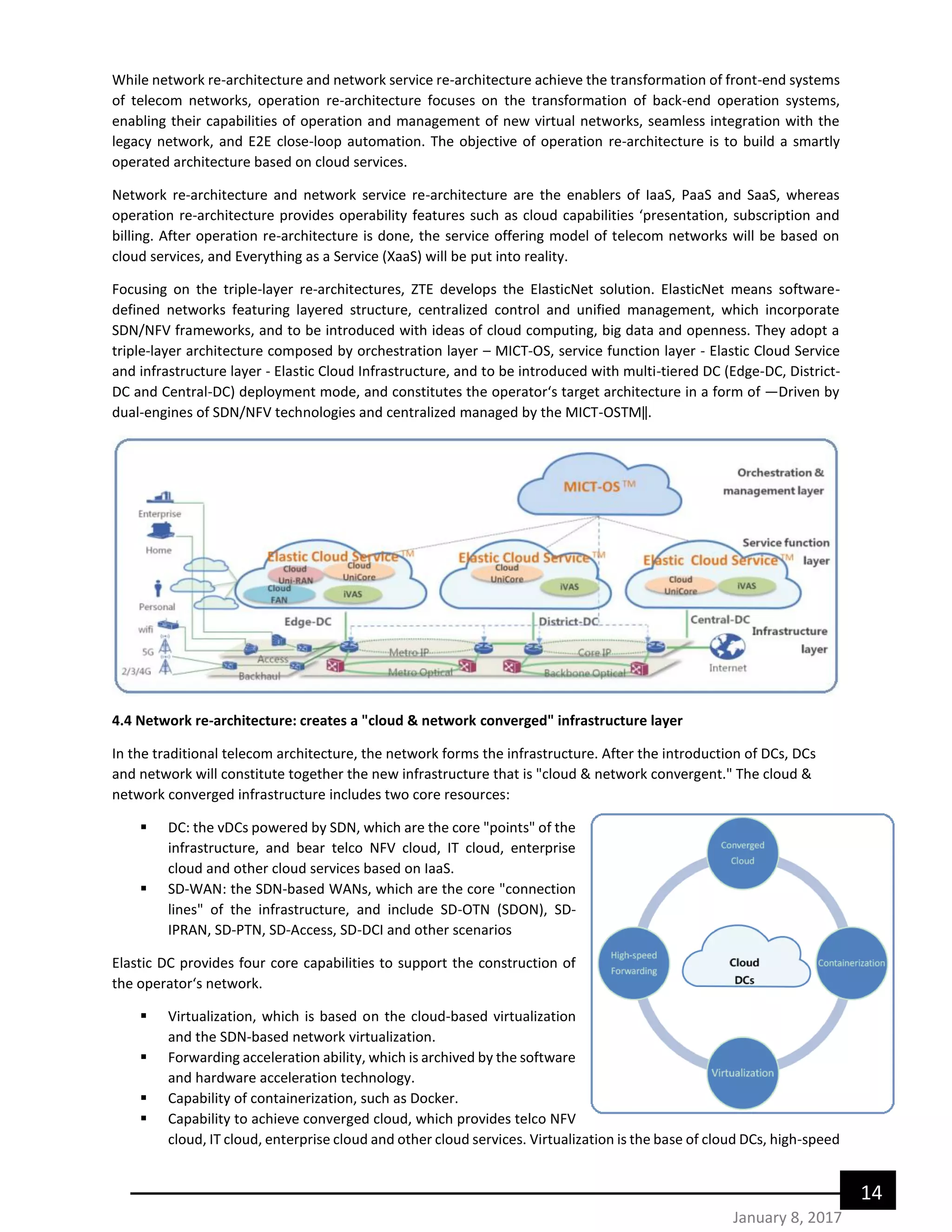 14
January 8, 2017
While network re-architecture and network service re-architecture achieve the transformation of front-end systems
of telecom networks, operation re-architecture focuses on the transformation of back-end operation systems,
enabling their capabilities of operation and management of new virtual networks, seamless integration with the
legacy network, and E2E close-loop automation. The objective of operation re-architecture is to build a smartly
operated architecture based on cloud services.
Network re-architecture and network service re-architecture are the enablers of IaaS, PaaS and SaaS, whereas
operation re-architecture provides operability features such as cloud capabilities ‘presentation, subscription and
billing. After operation re-architecture is done, the service offering model of telecom networks will be based on
cloud services, and Everything as a Service (XaaS) will be put into reality.
Focusing on the triple-layer re-architectures, ZTE develops the ElasticNet solution. ElasticNet means software-
defined networks featuring layered structure, centralized control and unified management, which incorporate
SDN/NFV frameworks, and to be introduced with ideas of cloud computing, big data and openness. They adopt a
triple-layer architecture composed by orchestration layer – MICT-OS, service function layer - Elastic Cloud Service
and infrastructure layer - Elastic Cloud Infrastructure, and to be introduced with multi-tiered DC (Edge-DC, District-
DC and Central-DC) deployment mode, and constitutes the operator‘s target architecture in a form of ―Driven by
dual-engines of SDN/NFV technologies and centralized managed by the MICT-OSTM‖.
4.4 Network re-architecture: creates a "cloud & network converged" infrastructure layer
In the traditional telecom architecture, the network forms the infrastructure. After the introduction of DCs, DCs
and network will constitute together the new infrastructure that is "cloud & network convergent." The cloud &
network converged infrastructure includes two core resources:
 DC: the vDCs powered by SDN, which are the core "points" of the
infrastructure, and bear telco NFV cloud, IT cloud, enterprise
cloud and other cloud services based on IaaS.
 SD-WAN: the SDN-based WANs, which are the core "connection
lines" of the infrastructure, and include SD-OTN (SDON), SD-
IPRAN, SD-PTN, SD-Access, SD-DCI and other scenarios
Elastic DC provides four core capabilities to support the construction of
the operator‘s network.
 Virtualization, which is based on the cloud-based virtualization
and the SDN-based network virtualization.
 Forwarding acceleration ability, which is archived by the software
and hardware acceleration technology.
 Capability of containerization, such as Docker.
 Capability to achieve converged cloud, which provides telco NFV
cloud, IT cloud, enterprise cloud and other cloud services. Virtualization is the base of cloud DCs, high-speed
 