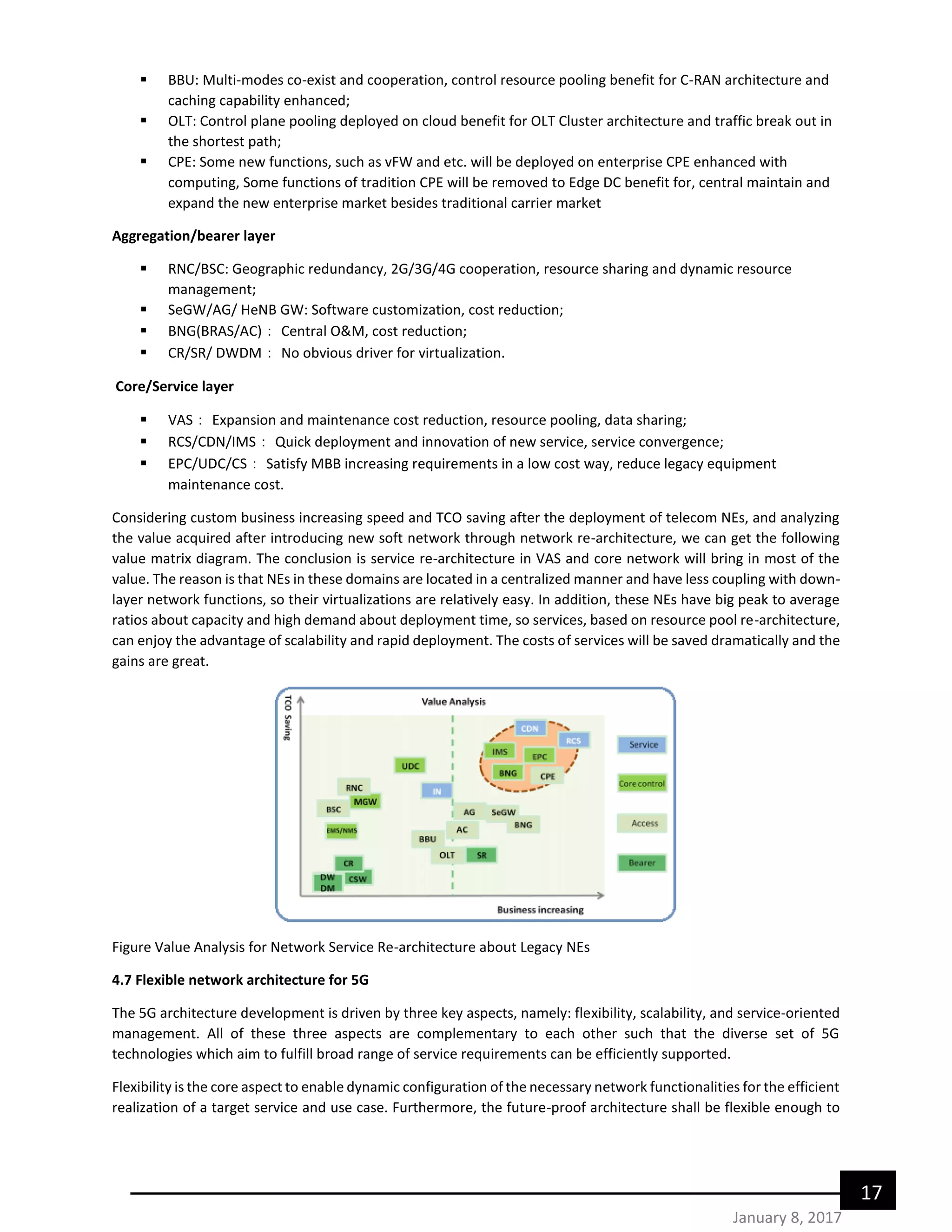 17
January 8, 2017
 BBU: Multi-modes co-exist and cooperation, control resource pooling benefit for C-RAN architecture and
caching capability enhanced;
 OLT: Control plane pooling deployed on cloud benefit for OLT Cluster architecture and traffic break out in
the shortest path;
 CPE: Some new functions, such as vFW and etc. will be deployed on enterprise CPE enhanced with
computing, Some functions of tradition CPE will be removed to Edge DC benefit for, central maintain and
expand the new enterprise market besides traditional carrier market
Aggregation/bearer layer
 RNC/BSC: Geographic redundancy, 2G/3G/4G cooperation, resource sharing and dynamic resource
management;
 SeGW/AG/ HeNB GW: Software customization, cost reduction;
 BNG(BRAS/AC)： Central O&M, cost reduction;
 CR/SR/ DWDM： No obvious driver for virtualization.
Core/Service layer
 VAS： Expansion and maintenance cost reduction, resource pooling, data sharing;
 RCS/CDN/IMS： Quick deployment and innovation of new service, service convergence;
 EPC/UDC/CS： Satisfy MBB increasing requirements in a low cost way, reduce legacy equipment
maintenance cost.
Considering custom business increasing speed and TCO saving after the deployment of telecom NEs, and analyzing
the value acquired after introducing new soft network through network re-architecture, we can get the following
value matrix diagram. The conclusion is service re-architecture in VAS and core network will bring in most of the
value. The reason is that NEs in these domains are located in a centralized manner and have less coupling with down-
layer network functions, so their virtualizations are relatively easy. In addition, these NEs have big peak to average
ratios about capacity and high demand about deployment time, so services, based on resource pool re-architecture,
can enjoy the advantage of scalability and rapid deployment. The costs of services will be saved dramatically and the
gains are great.
Figure Value Analysis for Network Service Re-architecture about Legacy NEs
4.7 Flexible network architecture for 5G
The 5G architecture development is driven by three key aspects, namely: flexibility, scalability, and service-oriented
management. All of these three aspects are complementary to each other such that the diverse set of 5G
technologies which aim to fulfill broad range of service requirements can be efficiently supported.
Flexibility is the core aspect to enable dynamic configuration of the necessary network functionalities for the efficient
realization of a target service and use case. Furthermore, the future-proof architecture shall be flexible enough to
 