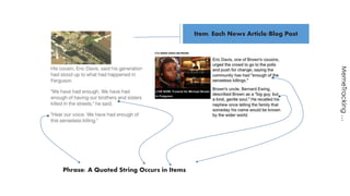 Item: Each News Article/Blog Post 
Phrase: A Quoted String Occurs in Items 
MemeTracking … 
 