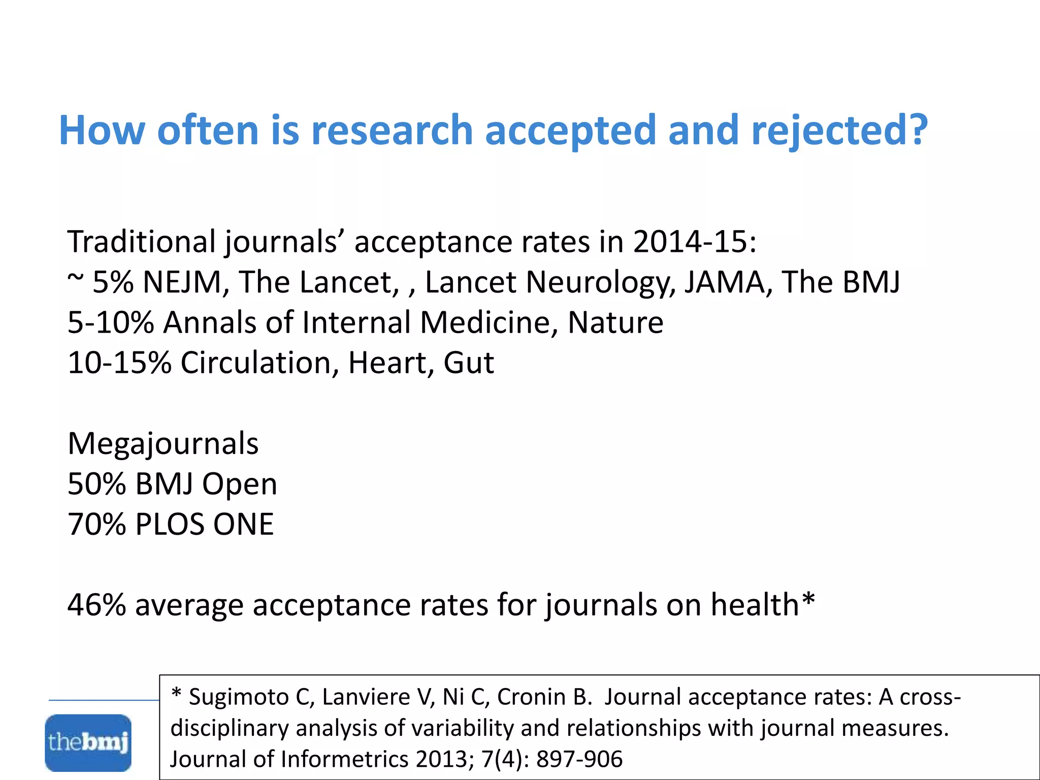 Traditional journals’ acceptance rates in 2014-15:
~ 5% NEJM, The Lancet, , Lancet Neurology, JAMA, The BMJ
5-10% Annals of Internal Medicine, Nature
10-15% Circulation, Heart, Gut
Megajournals
50% BMJ Open
70% PLOS ONE
46% average acceptance rates for journals on health*
How often is research accepted and rejected?
* Sugimoto C, Lanviere V, Ni C, Cronin B. Journal acceptance rates: A cross-
disciplinary analysis of variability and relationships with journal measures.
Journal of Informetrics 2013; 7(4): 897-906
 