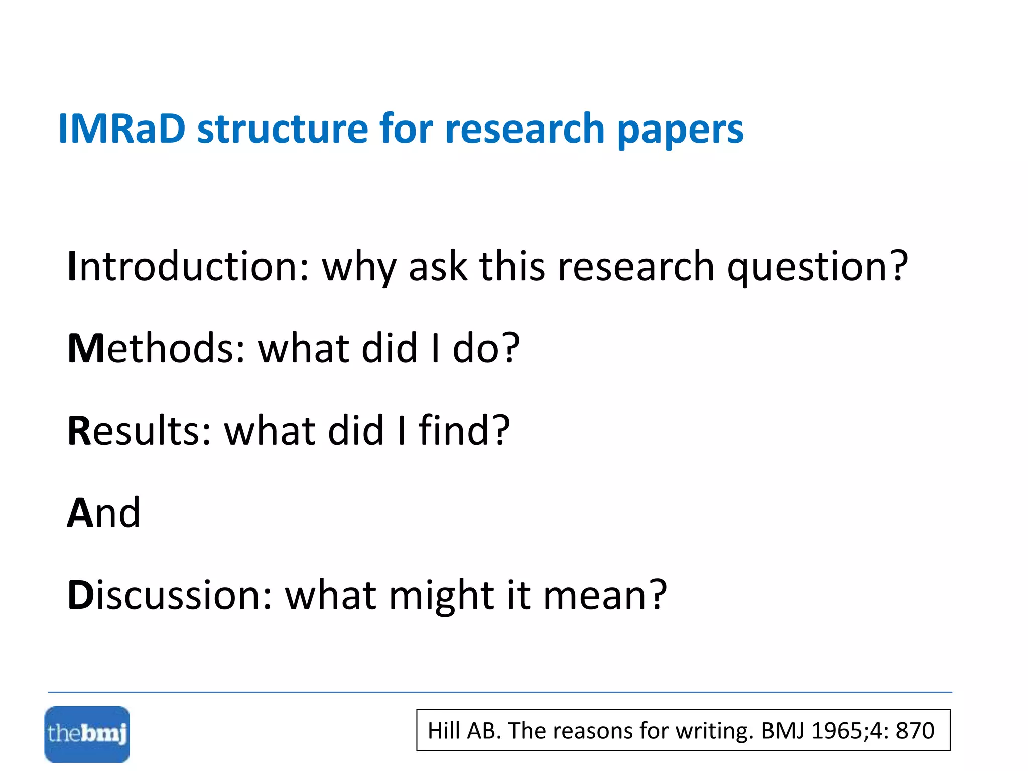 Introduction: why ask this research question?
Methods: what did I do?
Results: what did I find?
And
Discussion: what might it mean?
IMRaD structure for research papers
Hill AB. The reasons for writing. BMJ 1965;4: 870
 