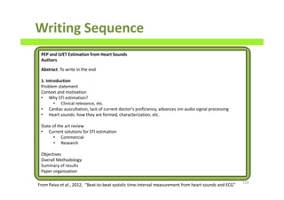 Writing Sequence
120
PEP and LVET Estimation from Heart Sounds
Authors
Abstract. To write in the end
1. Introduction
Problem statement
Context and motivation
• Why STI estimation?
• Clinical relevance, etc.
• Cardiac auscultation, lack of current doctor’s proficiency, advances inn audio signal processing
• Heart sounds: how they are formed, characterization, etc.
State of the art review
• Current solutions for STI estimation
• Commercial
• Research
Objectives
Overall Methodology
Summary of results
Paper organization
From Paiva et al., 2012, “Beat-to-beat systolic time-interval measurement from heart sounds and ECG”
 