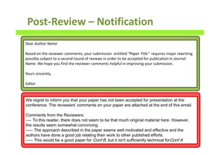 Post-Review – Notification
Dear Author Name
Based on the reviewer comments, your submission entitled “Paper Title" requires major rewriting
possibly subject to a second round of reviews in order to be accepted for publication in Journal
Name. We hope you find the reviewer comments helpful in improving your submission.
Yours sincerely,
Editor
 