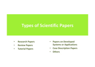 Types of Scientific Papers
• Research Papers
• Review Papers
• Tutorial Papers
• Papers on Developed
Systems or Applications
• Case Description Papers
• Others
 