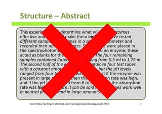 This experiment will determine what will make enzymes
effective and what will make them ineffective. We tested
different samples of enzymes in a spectrophotometer and
recorded their absorption rates. Six samples were placed in
the spectrophotometer but two contained no enzyme; these
acted as blanks for the other samples. The four remaining
samples contained Catecholase ranging from 0.5 ml to 1.75 m.
The second half of the experiment contained four test tubes
with a constant amount of Catecholase, but the pH levels
ranged from four to eight. It was found that if the enzyme was
present in large amounts, then the absorption rate was high,
and if the pH level ranged from 6 to eight then the absorption
rate was high. Therefore it can be said that enzymes work well
in neutral pH levels and in large amounts.
Structure – Abstract
47From http://writing2.richmond.edu/training/project/biology/abslit.html
 