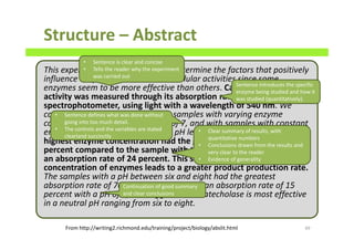 This experiment was performed to determine the factors that positively
influence enzyme reaction rates in cellular activities since some
enzymes seem to be more effective than others. Catecholase enzyme
activity was measured through its absorption rate in a
spectrophotometer, using light with a wavelength of 540 nm. We
compared the absorbance rates in samples with varying enzyme
concentrations and a constant pH of 7, and with samples with constant
enzyme concentration and varying pH levels. The samples with the
highest enzyme concentration had the greatest absorption rate of 95
percent compared to the sample with the lowest concentration and
an absorption rate of 24 percent. This suggests that a higher
concentration of enzymes leads to a greater product production rate.
The samples with a pH between six and eight had the greatest
absorption rate of 70 percent compared to an absorption rate of 15
percent with a pH of 4; this suggests that Catecholase is most effective
in a neutral pH ranging from six to eight.
Structure – Abstract
49From http://writing2.richmond.edu/training/project/biology/abslit.html
• Sentence is clear and concise
• Tells the reader why the experiment
was carried out
Sentence introduces the specific
enzyme being studied and how it
was studied (quantitatively).
• Sentence defines what was done without
going into too much detail.
• The controls and the variables are stated
clearland succinctly
• Clear summary of results, with
quantitative numbers
• Conclusions drawn from the results and
very clear to the reader
• Evidence of generality
Continuation of good summary
and clear conclusions
 