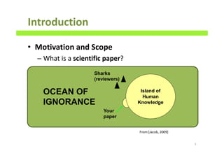 • Motivation and Scope
– What is a scientific paper?
Introduction
5
Island of
Human
Knowledge
OCEAN OF
IGNORANCE
Your
paper
Sharks
(reviewers)
From [Jacob, 2009]
 