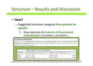 Structure – Results and Discussion
• How?
– Suggested structure: progress from general to
specific
2. Show rigorously the outcome of the proposed
methodologies, simulations, calculations, …
82
3.3. Results and Discussion
The main results obtained in this study are summarized in tables 1 and 2, for the healthy and CVD
population, respectively. The achieved results suggest that it is possible to accurately identify the
systolic time intervals using HS.
Adapted From Paiva et al., 2012, “Beat-to-beat systolic time-interval measurement from heart sounds and ECG”
 