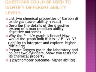  List two chemical properties of Carbon di
oxide gas (lower ability –recall)
 Describe the details of the digestive
system of a man (medium ability –
cognitive outcome)
 Why the P – 1/v graph is linear? How
would the graph look if it is 1/ P Vs V?
( ability to interpret and explore- higher
difficulty)
 Prepare Oxygen gas in the laboratory and
collect two cylinders. Show two tests for
its chemical property
 ( psychomotor outcome- higher ability)
 