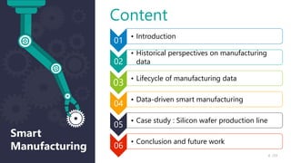 Smart
Manufacturing
Content
01
• Introduction
02
• Historical perspectives on manufacturing
data
03
• Lifecycle of manufacturing data
04
• Data-driven smart manufacturing
05
• Case study : Silicon wafer production line
06
• Conclusion and future work
/33
6
 