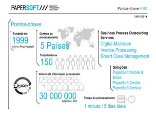 1999
Fundada em
(como Arquivagest)
Pontos-chave
Pontos-chave /// 02
12/11/2014
Digital Mailroom
Invoice Processing
Smart Case Management
Business Process Outsourcing
Services
150
30 000 000
Volume de informação processada
páginas / ano
1 minuto / 5 dias úteis
Tempo de processamento
PaperSoft Mobile &
Kiosk
PaperSoft Centre
PaperSoft Archive
Soluções
5 Países
Centros de
processamento
Trabalhadores
 