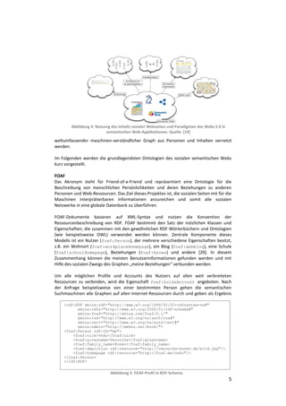 Abbildung 4: Nutzung des Inhalts sozialer Webseiten und Paradigmen des Webs 2.0 in
                          semantischen Web-Applikationen. Quelle: [19]

weltumfassender maschinen-verständlicher Graph aus Personen und Inhalten vernetzt
werden.

Im Folgenden werden die grundlegendsten Ontologien des sozialen semantischen Webs
kurz vorgestellt.

FOAF
Das Akronym steht für Friend-of-a-Friend und repräsentiert eine Ontologie für die
Beschreibung von menschlichen Persönlichkeiten und deren Beziehungen zu anderen
Personen und Web-Ressourcen. Das Ziel dieses Projektes ist, die sozialen Seiten mit für die
Maschinen interprätierbaren Informationen anzureichen und somit alle sozialen
Netzwerke in eine globale Datenbank zu überführen.

FOAF-Dokumente basieren auf XML-Syntax und nutzen die Konvention der
Ressourcenbeschreibung von RDF. FOAF bestimmt den Satz der nützlichen Klassen und
Eigenschaften, die zusammen mit den gewöhnlichen RDF-Wörterbüchern und Ontologien
(wie beispielsweise OWL) verwendet werden können. Zentrale Komponente dieses
Modells ist ein Nutzer (foaf:Person), der mehrere verschiedene Eigenschaften besitzt,
z.B. ein Wohnort (foaf:workplaceHomepage), ein Blog (foaf:webblog), eine Schule
(foaf:schoolHomepage), Beziehungen (foaf:knows) und andere [20]. In diesem
Zusammenhang können die meisten Benutzerinformationen gefunden werden und mit
Hilfe des sozialen Zweigs des Graphen „meine Beziehungen“ verbunden werden.

Um alle möglichen Profile und Accounts des Nutzers auf allen weit verbreiteten
Ressourcen zu verbinden, wird die Eigenschaft foaf:holdsAccount angeboten. Nach
der Anfrage beispielsweise von einer bestimmten Person gehen die semantischen
Suchmaschinen alle Graphen auf allen Internet-Ressourcen durch und geben als Ergebnis

    <rdf:RDF xmlns:rdf="http://www.w3.org/1999/02/22-rdfsyntax-ns#"
          xmlns:rdfs="http://www.w3.org/2000/01/rdf-schema#"
          xmlns:foaf="http://xmlns.com/foaf/0.1/"
          xmlns:rsa="http://www.w3.org/ns/auth/rsa#"
          xmlns:cert="http://www.w3.org/ns/auth/cert#"
          xmlns:admin="http://webns.net/mvcb/">
    <foaf:Person rdf:ID="me">
        <foaf:nick>veko</foaf:nick>
        <foaf:givenname>Veronika</foaf:givenname>
        <foaf:family_name>Konev</foaf:family_name>
        <foaf:depiction rdf:resource="http://veronika-konev.de/bild.jpg"/>
        <foaf:homepage rdf:resource="http://foaf.me/veko"/>
    </foaf:Person>
    </rdf:RDF>


                            Abbildung 5: FOAF-Profil in RDF-Schema.
                                                                                             5
 