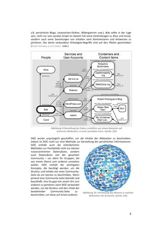 z.B. persönliche Blogs, Lesezeichen-Ordner, Bildergalerien usw.). Bob sollte in der Lage
sein, nicht nur sein soziales Graph (in diesem Fall seine Verbindungen zu Alice und Carol),
sondern auch seine Sammlungen von Inhalten samt Kommentaren und Antworten zu
portieren. Die damit verbundene Ontologien-Begriffe sind auf den Pfeilen geschrieben
(foaf:knows, sioc:User usw.).




                  Abbildung 9:Darstellung der Daten, erstellten von einem Benutzer auf
                       mehreren Webseiten, in einer portablen Form. Quelle: [26]

SIOC wurde ursprünglich geschaffen, um die Inhalte der Webseiten zu beschreiben.
Jedoch ist SIOC nicht nur eine Methode zur Darstellung der persönlichen Informationen.
SIOC enthält auch die erforderlichen
Methoden zur Portabilität nicht nur kleinen
nutzerzentrierten Datensätzen, sondern
auch Datensätzen von der gesamten
Community – vor allem für Gruppen, die
von einem Dienst zum anderen umziehen
wollen. SIOC enthält die wichtigsten
Konzepte, die benötigt werden, um die
Struktur und Inhalte von einer Community-
Seite als ein Ganzes zu beschreiben. Wenn
jemand eine Community-Seite betreibt und
beschließt, ihre Gruppe von einem Ort zum
anderen zu portieren, kann SIOC verwendet
werden, um die Struktur und den Inhalt der
bestehenden       Community-Seite       zu  Abbildung 10: Vernetzung des Wissens in sozialen
beschreiben, um diese auf einem anderen           Webseiten mit Semantik. Quelle: [26]




                                                                                         9
 