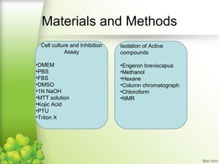Materials and Methods
Cell culture and Inhibition
Assay
•DMEM
•PBS
•FBS
•DMSO
•1N NaOH
•MTT solution
•Kojic Acid
•PTU
•Triton X

Isolation of Active
compounds
•Erigeron breviscapus
•Methanol
•Hexane
•Column chromatograph
•Chloroform
•NMR

 