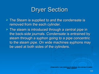 Dryer Section The Steam is supplied to and the condensate is removed from the each cylinder. The steam is introduced through a central pipe in the back-side journals. Condensate is entrained by steam through a syphon going to a pipe concentric to the steam pipe. On wide machines syphons may be used at both sides of the cylinders. 