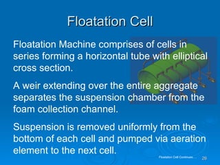 Floatation Cell Floatation Machine comprises of cells in series forming a horizontal tube with elliptical cross section. A weir extending over the entire aggregate separates the suspension chamber from the foam collection channel. Suspension is removed uniformly from the bottom of each cell and pumped via aeration element to the next cell. Floatation Cell Continues…. 