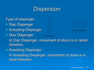 Dispersion Type of disperger: Disc Disperger Kneading Disperger Disc Disperger: In Disc Disperger, movement of stock is in radial direction. Kneading Disperger: In Kneading Disperger, movement of stock is in axial direction. Disc Disperger Kneading Disperger Dispersion Continues…. 