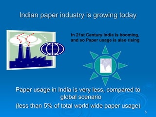 Indian paper industry is growing today Paper usage in India is very less, compared to global scenario (less than 5% of total world wide paper usage) In 21st Century India is booming,  and so Paper usage is also rising 