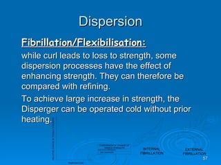 Dispersion Fibrillation/Flexibilisation: while curl leads to loss to strength, some dispersion processes have the effect of enhancing strength. They can therefore be compared with refining. To achieve large increase in strength, the Disperger can be operated cold without prior heating.  