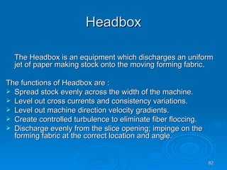 Headbox The Headbox is an equipment which discharges an uniform jet of paper making stock onto the moving forming fabric. The functions of Headbox are : Spread stock evenly across the width of the machine. Level out cross currents and consistency variations. Level out machine direction velocity gradients. Create controlled turbulence to eliminate fiber floccing. Discharge evenly from the slice opening; impinge on the forming fabric at the correct location and angle. 