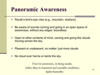 Panoramic Awareness Recall a bird’s-eye view (e.g., mountain, airplane).  Be aware of sounds coming and going in an open space of awareness, without any edges: boundless.  Open to other contents of mind, coming and going like clouds moving across the sky.  Pleasant or unpleasant, no matter: just more clouds No cloud ever harms or taints the sky.  Trust in awareness, in being awake,  rather than in transient and unstable conditions. Ajahn Sumedho 